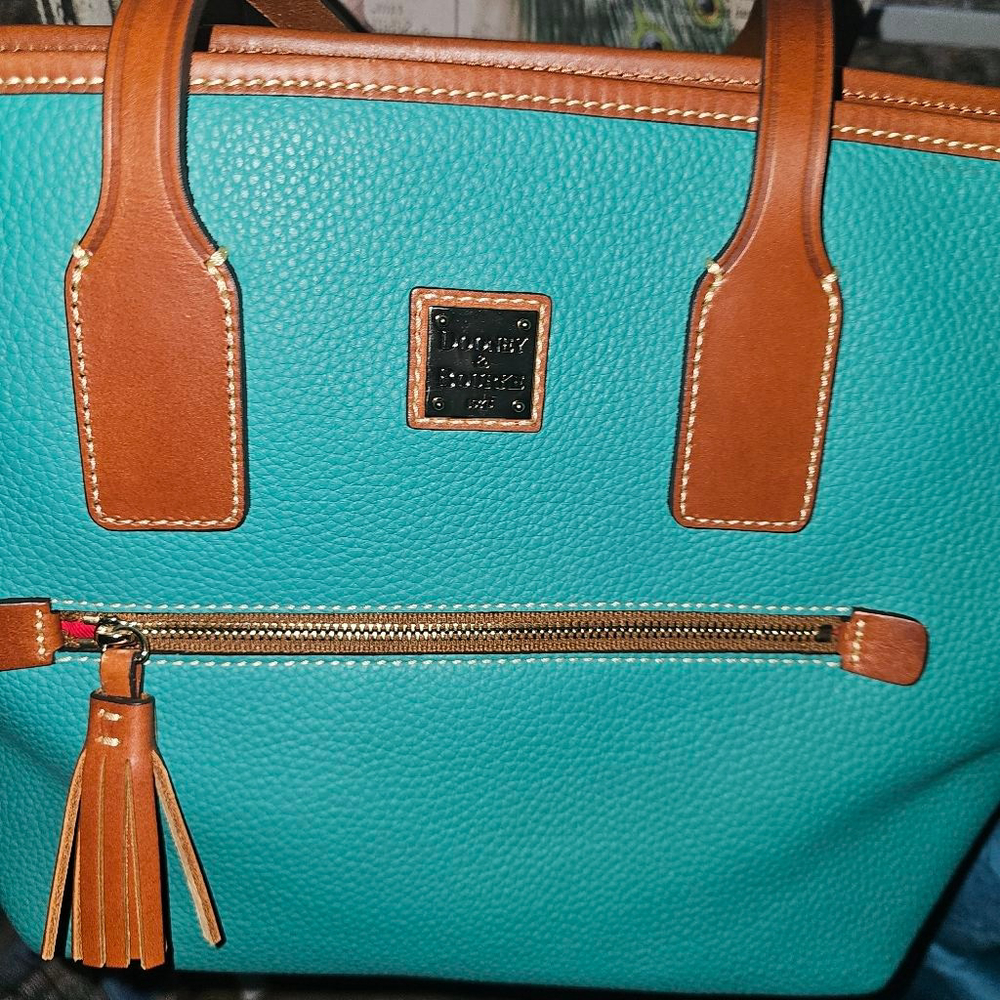 Women's Dooney & Bourke Teal & Brown Leather Tote Bag One Size - Picture 6 of 8